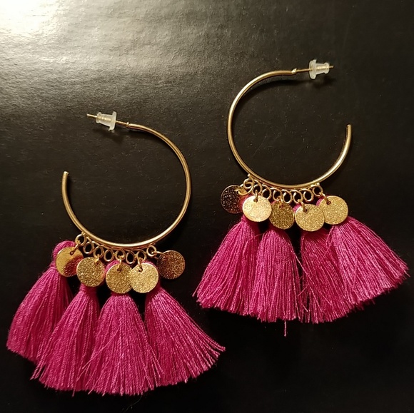 Jewelry - ❤🆕 Gold & Pink Coin Tassel Boho Hoop Earrings